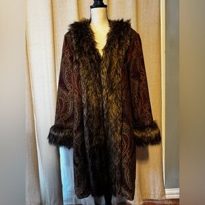 Source Unknown Paisley Coat with Faux Fur Trim